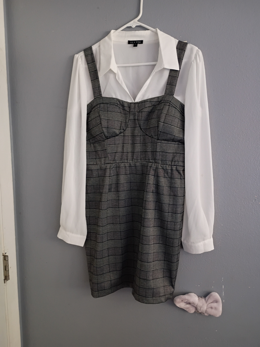 Zara White Blouse with Gray Plaid Pinafore Dress